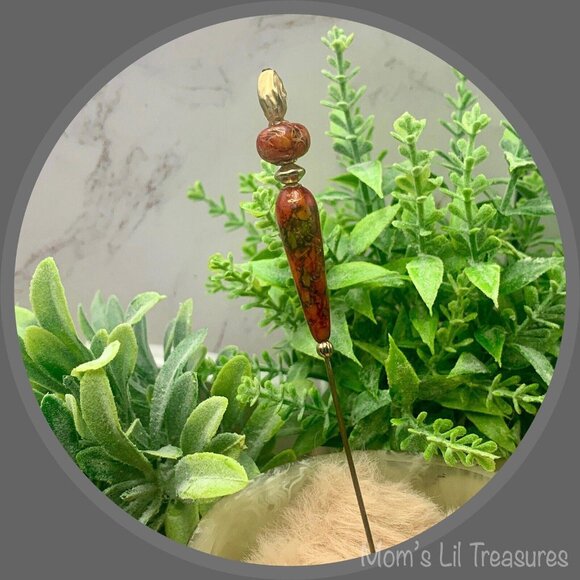 Brown Orange Teardrop Floral Design - Gold Tone• 6” Pin • Hatpin • 4/8 - Picture 2 of 9